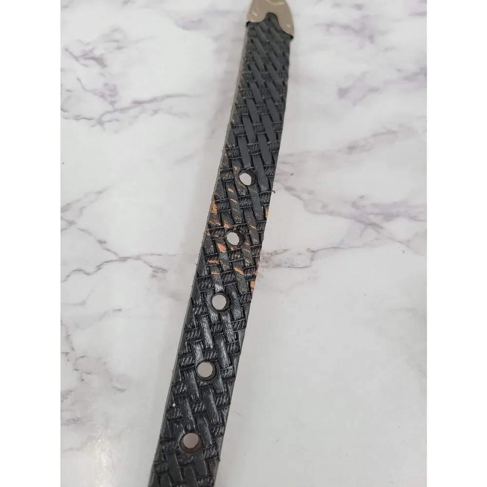 Gray Leather Basket Weave Embossed Belt with Red Lace Accent and Conchos